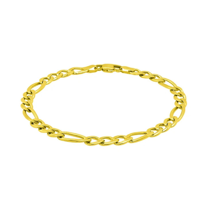Solid 14K yellow gold Figaro chain bracelet with alternating long and short links and a lobster clasp, laid in an open loop on white