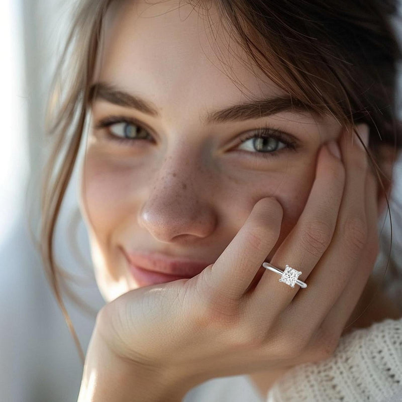 Woman resting her hand against her cheek, wearing a princess cut solitaire engagement ring