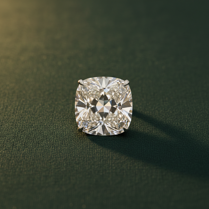 Cushion cut lab grown diamond in a four-prong setting against a deep green background