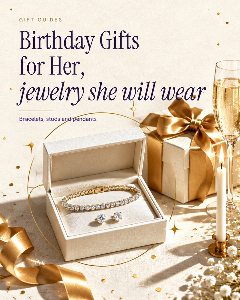 Gift poster of an open ivory jewelry box holding a gold diamond tennis bracelet and stud earrings beside a present with a gold bow, champagne and a candle on ivory