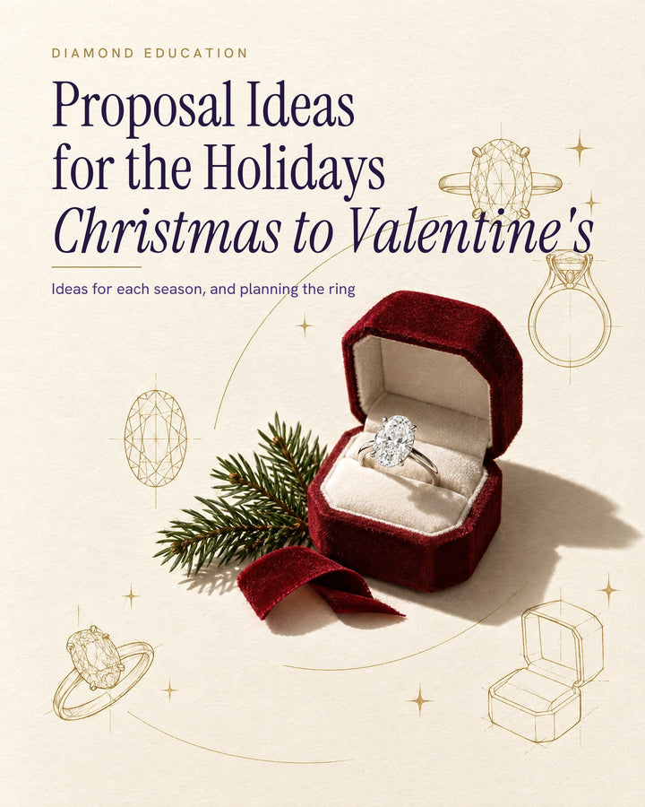Ivory poster titled Proposal Ideas for the Holidays: an oval diamond solitaire engagement ring in an open red velvet ring box beside a sprig of evergreen and a red velvet ribbon, with gold line sketches of rings