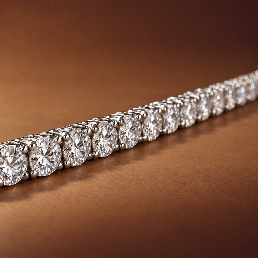 Close-up of round lab-grown diamonds in four-prong 14K white gold settings on a 7 carat tennis bracelet, AI-generated image — DEEVE