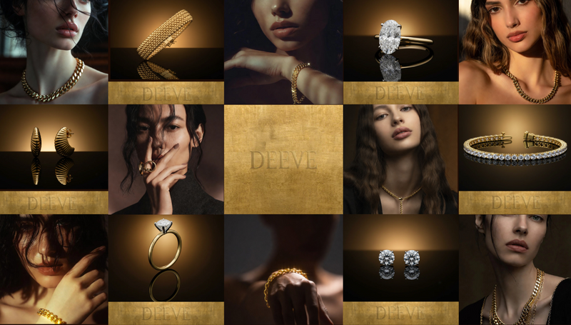Grid of campaign images showing 14K gold chains, cuffs, rings and diamond jewellery