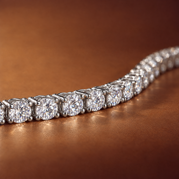 Macro of the round lab-grown diamonds in four-prong 14K white gold settings on a 4 carat tennis bracelet — AI-generated image — DEEVE