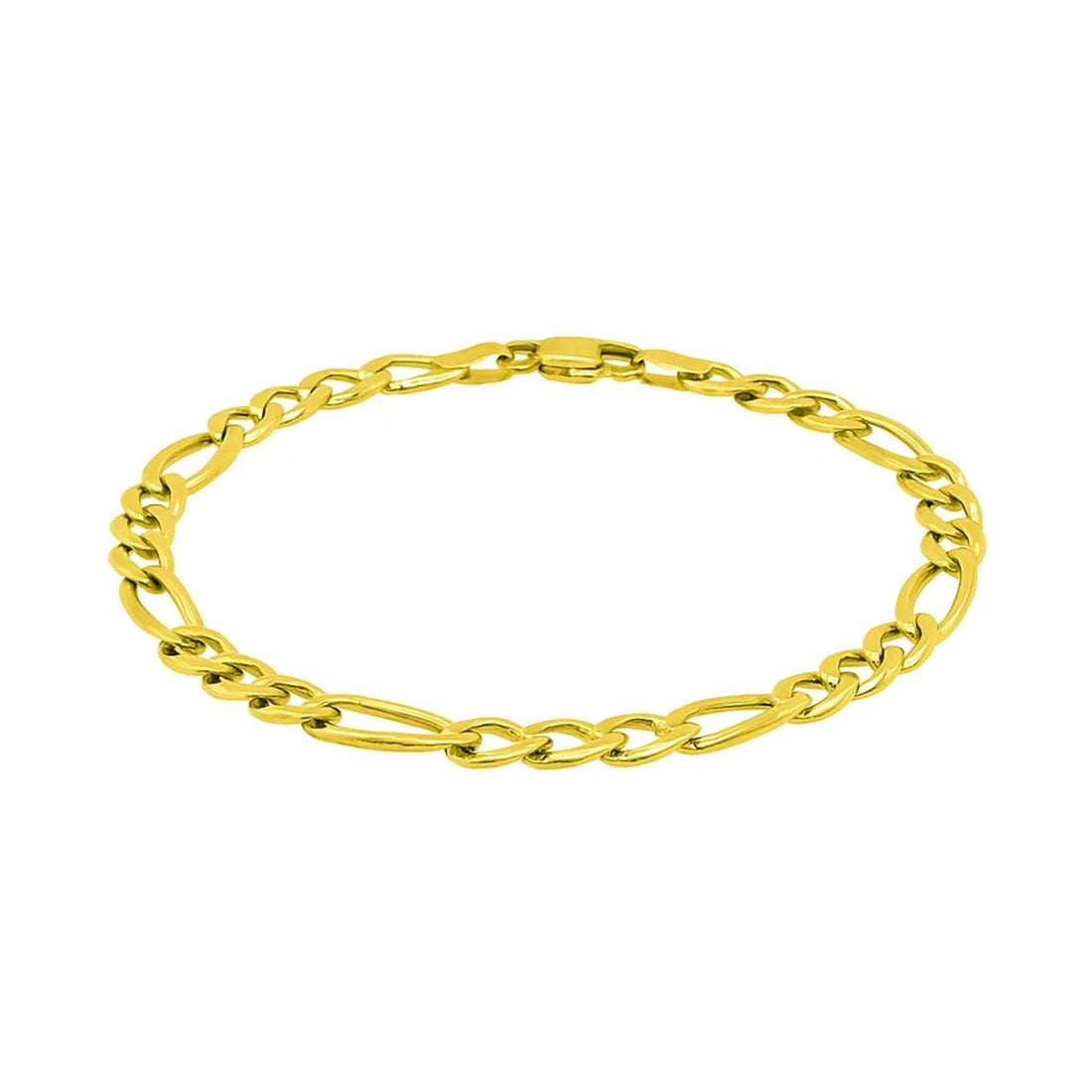 Solid 14K yellow gold Figaro chain bracelet with alternating long and short links and a lobster clasp, laid in an open loop on white