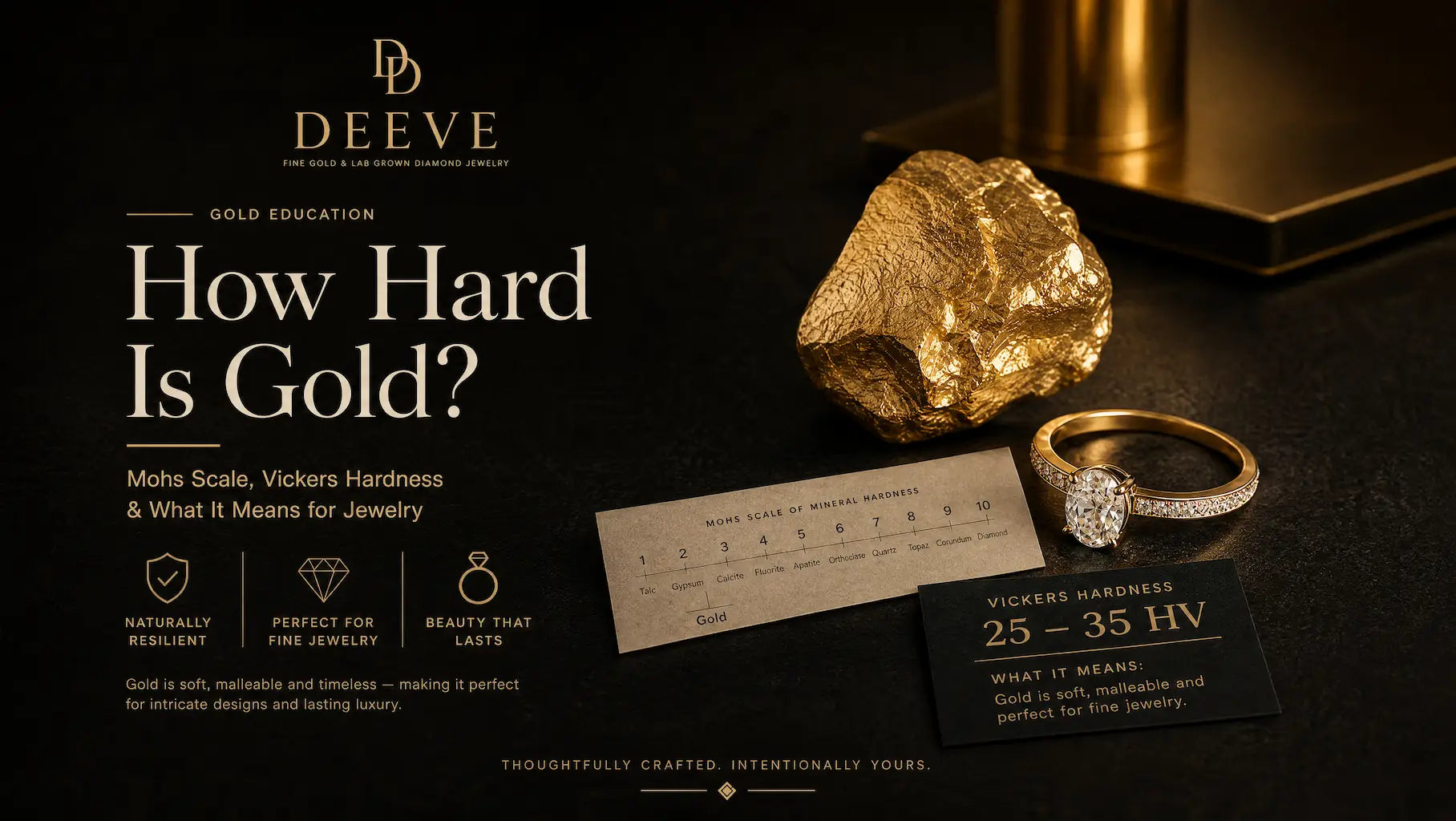 Gold hardness comparison — Mohs scale vs Vickers HV for 14K, 18K and 24K gold jewelry
