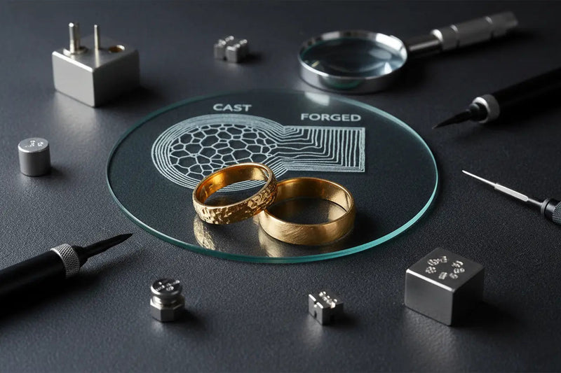 Two 14K gold bands on a glass disc etched CAST and FORGED, showing porous cast grain beside aligned forged grain flow