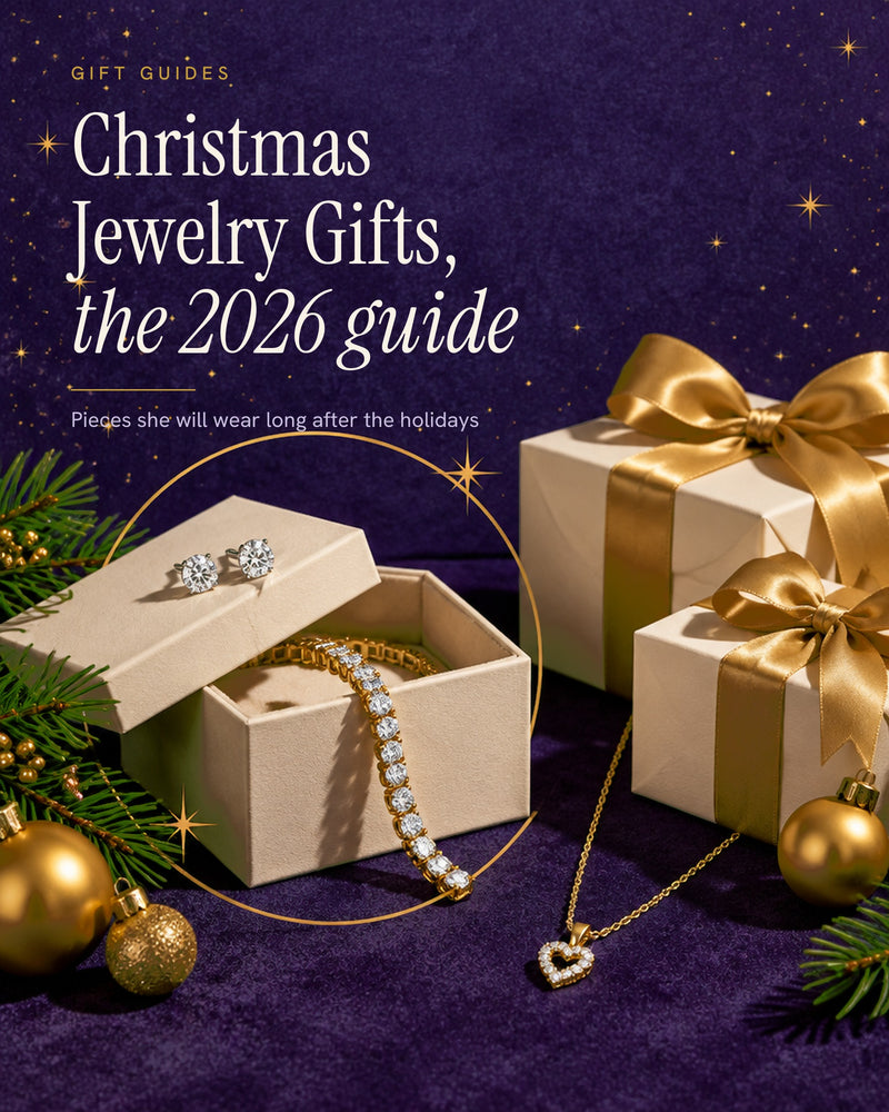Holiday poster of an open ivory gift box with a diamond tennis bracelet and stud earrings, a heart pendant and presents tied with gold ribbon on deep indigo velvet under gold stars