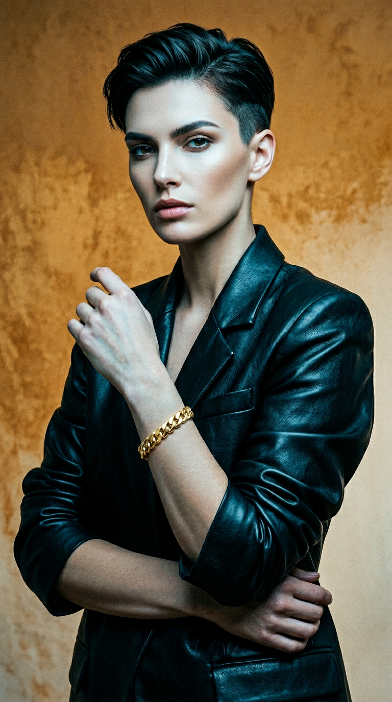 Woman in a black leather jacket wearing a 14K gold curb chain bracelet