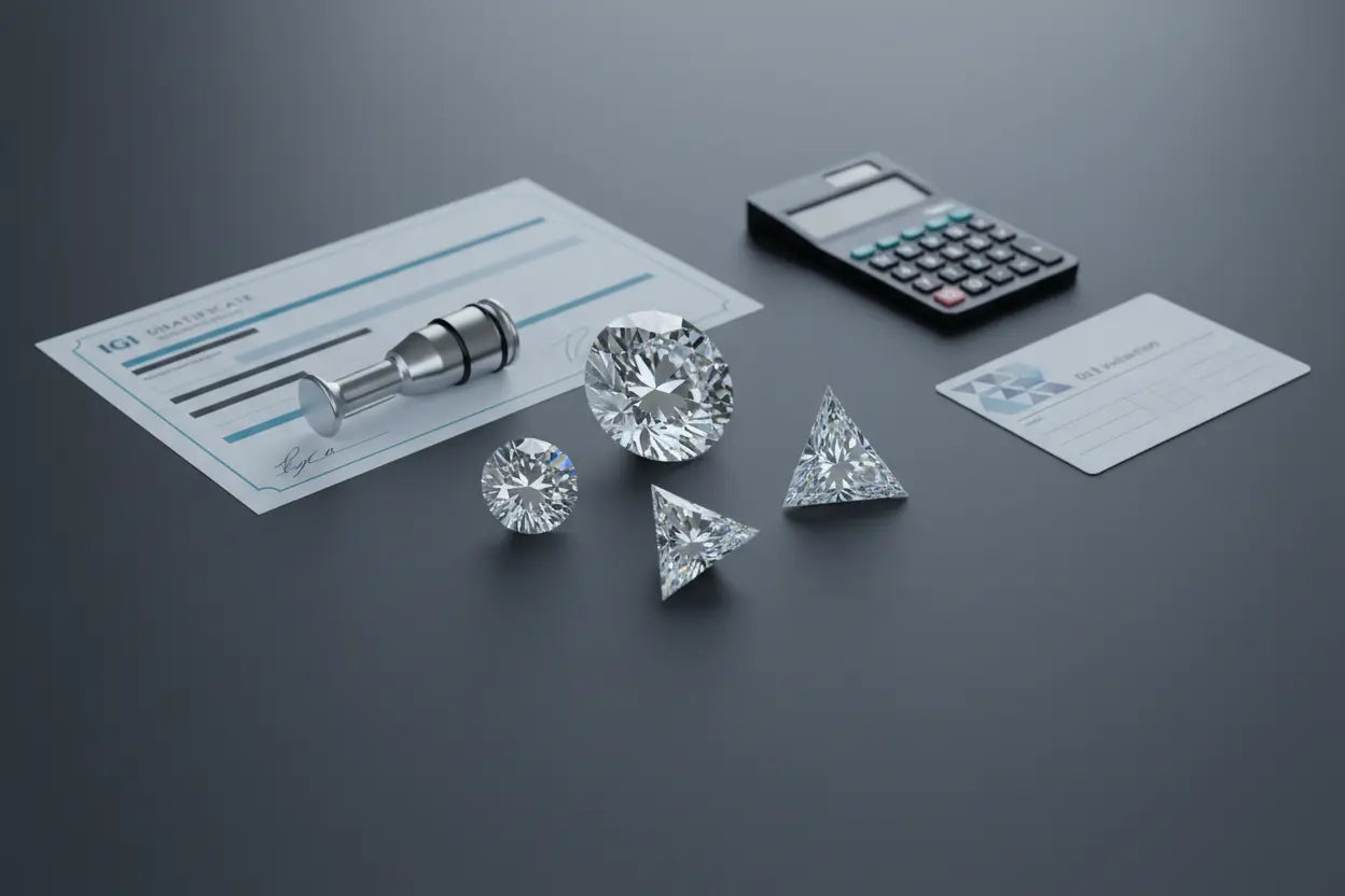 Round brilliant cut diamond showing brilliance, fire and scintillation under studio lighting
