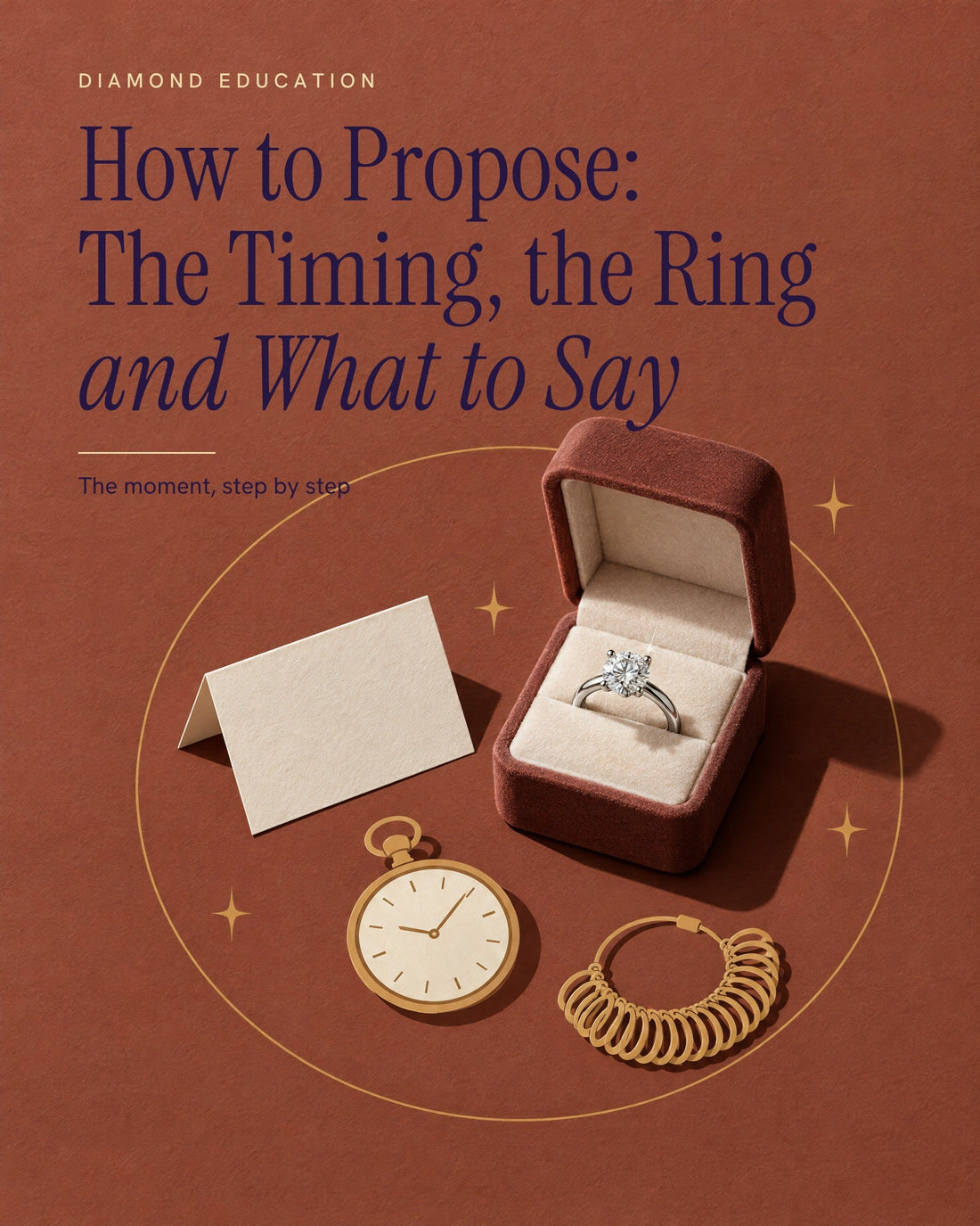 Brick-rose poster titled How to Propose: a round solitaire ring upright in an open velvet ring box beside a folded note card, a pocket watch and a ring sizer, inside a thin gold line circle
