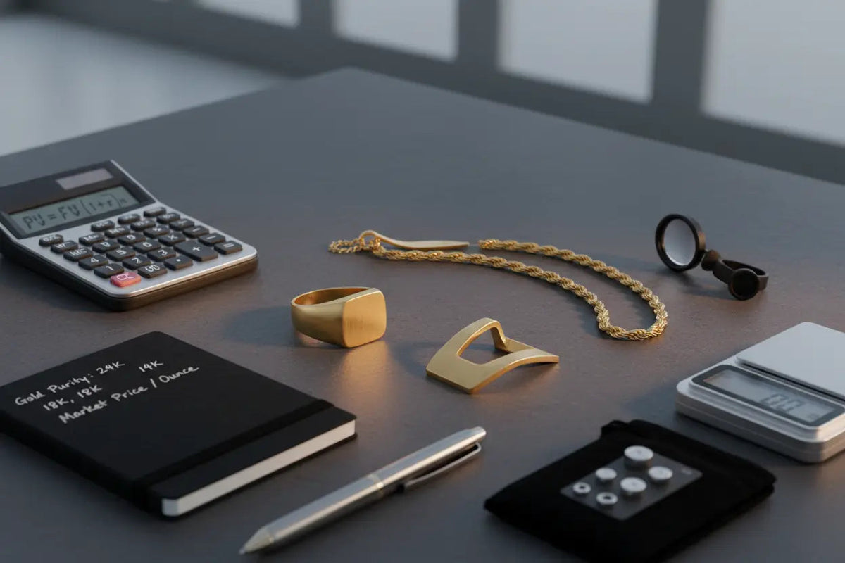 Gold signet ring, rope chain and pendant on a desk with a jeweller's scale, loupe, calculator and gold purity notes