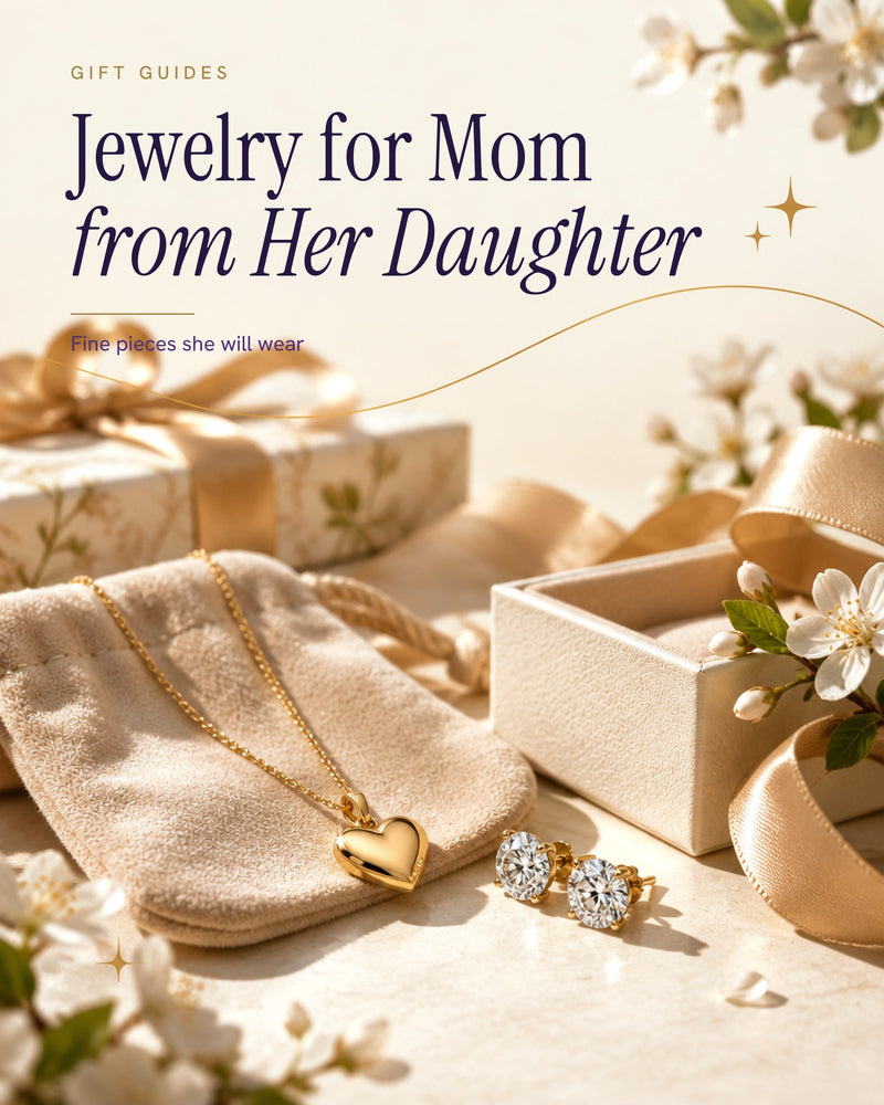 Illustrated gift poster of a gold heart pendant necklace on a suede pouch and a pair of round diamond stud earrings beside a gift box, satin ribbon and white blossoms on an ivory background