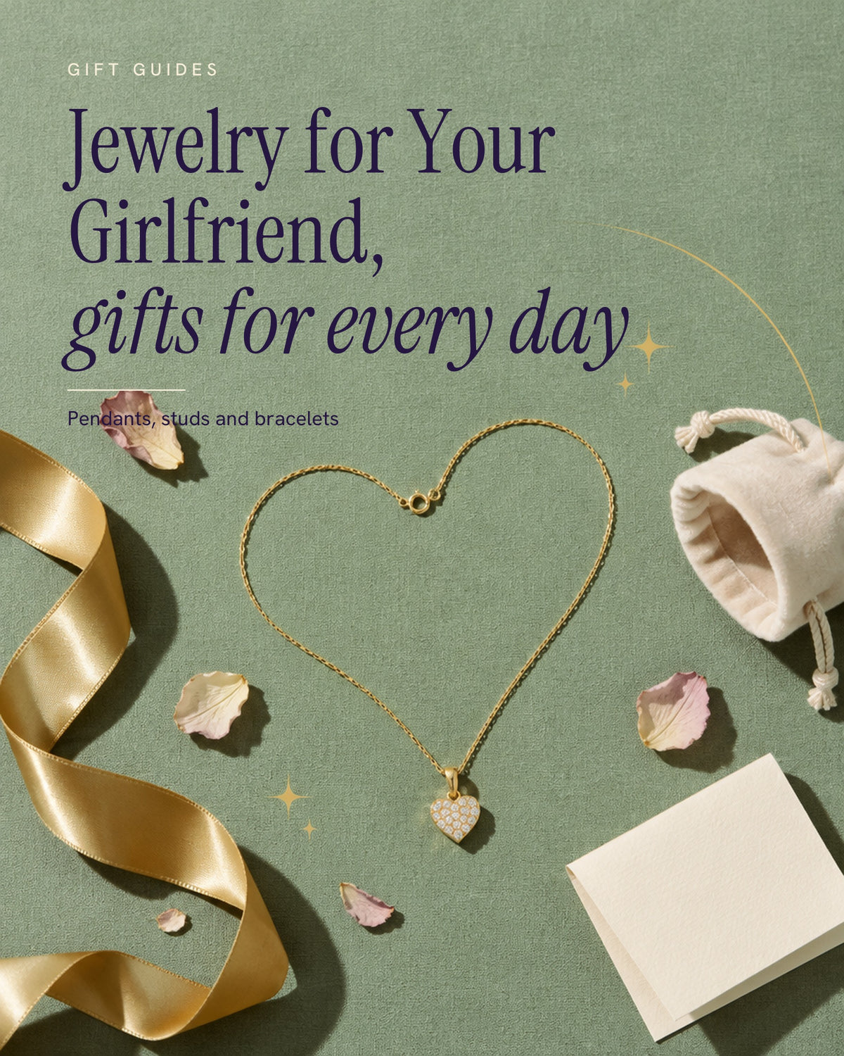 Gift poster seen from above of a gold diamond heart pendant with its chain laid in a heart, a gold ribbon, a pouch and petals on sage linen