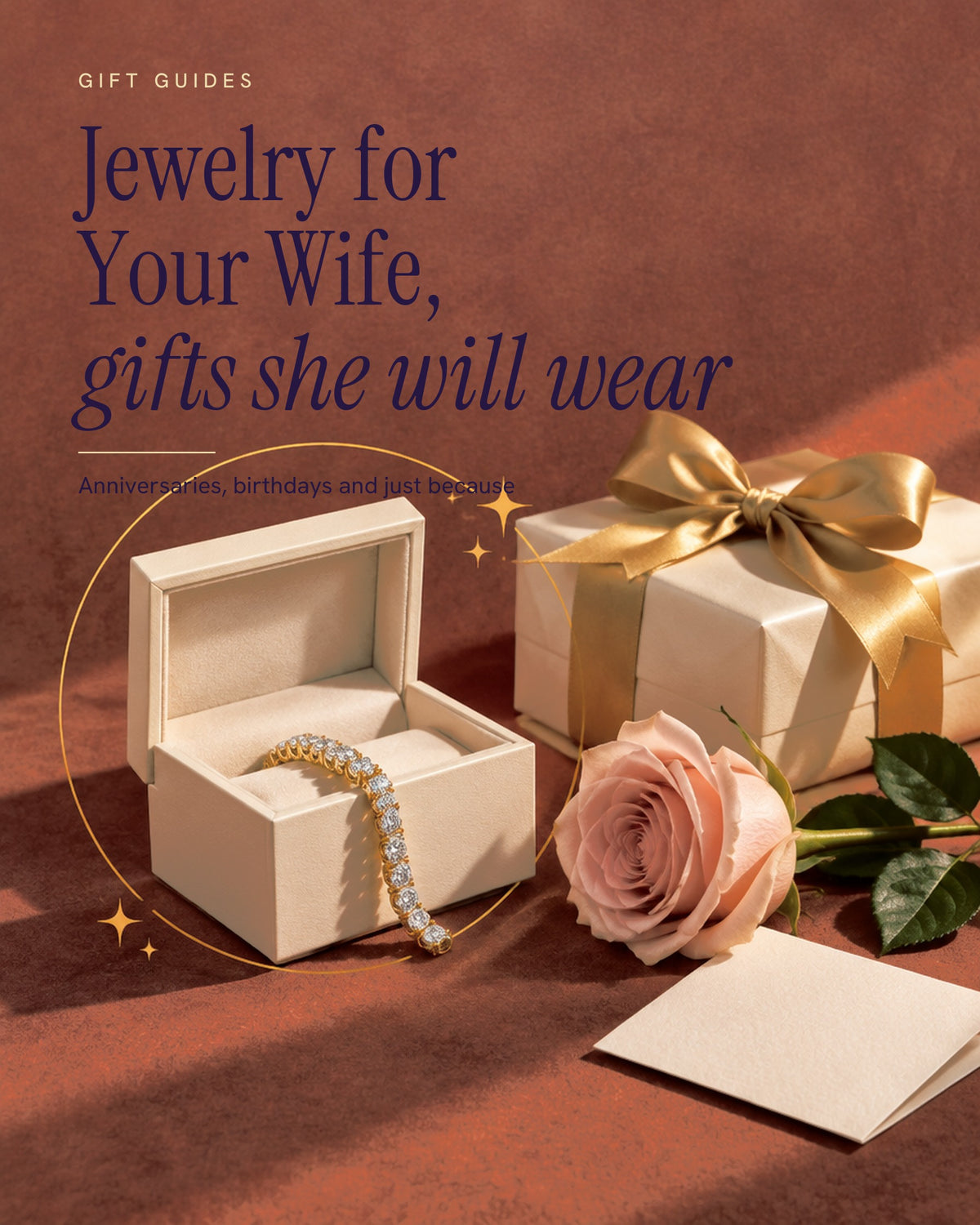 Gift poster of an open ivory box with a gold diamond tennis bracelet, a present tied with gold ribbon and a blush rose on brick-rose velvet
