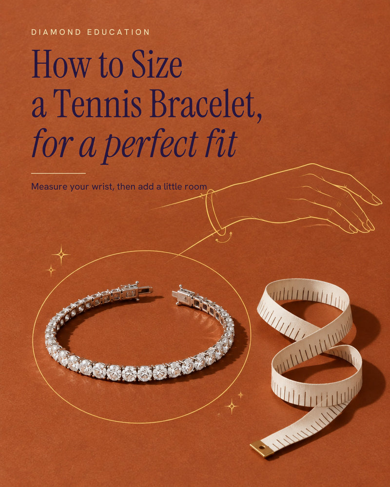 Illustrated poster of an open diamond tennis bracelet in white gold beside a cloth tape measure on terracotta, with a gold line drawing of a hand showing where to measure the wrist