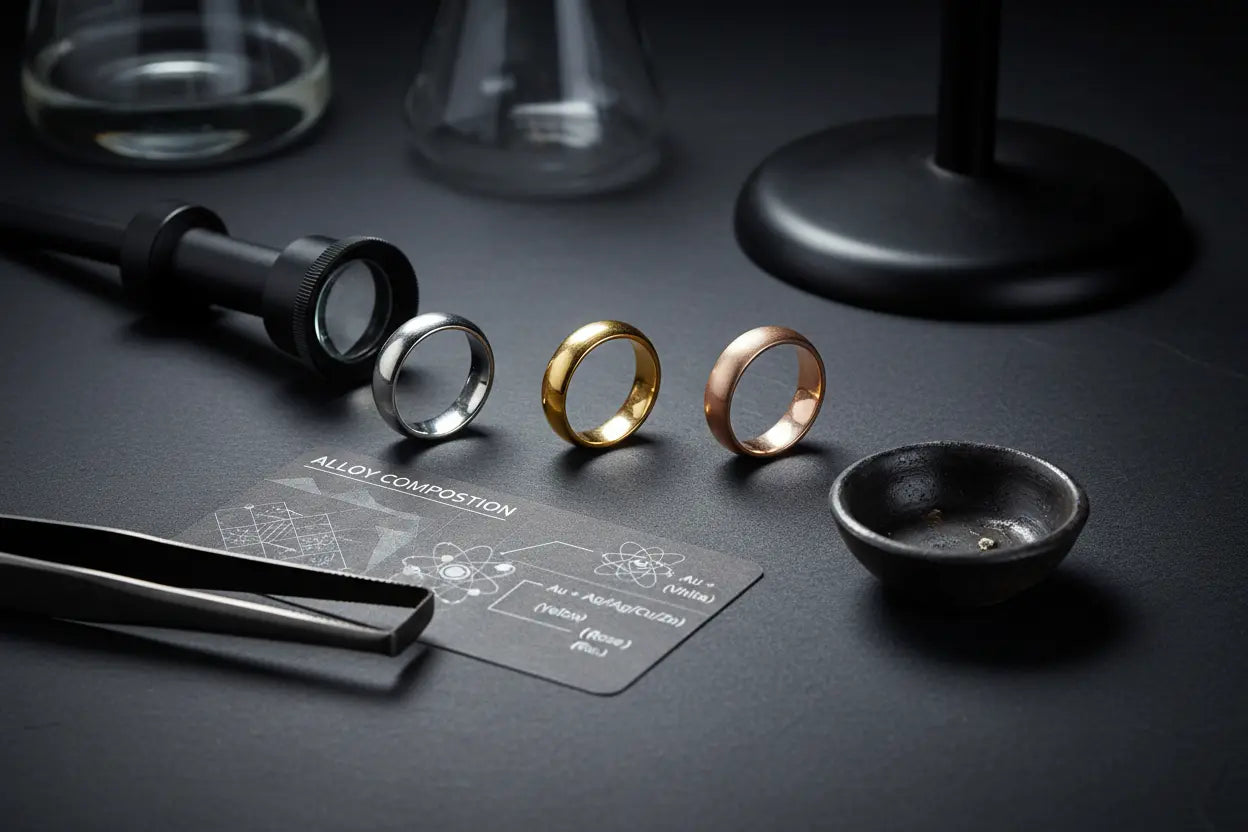 Comparison of white gold, yellow gold, and rose gold jewelry pieces showing color differences"