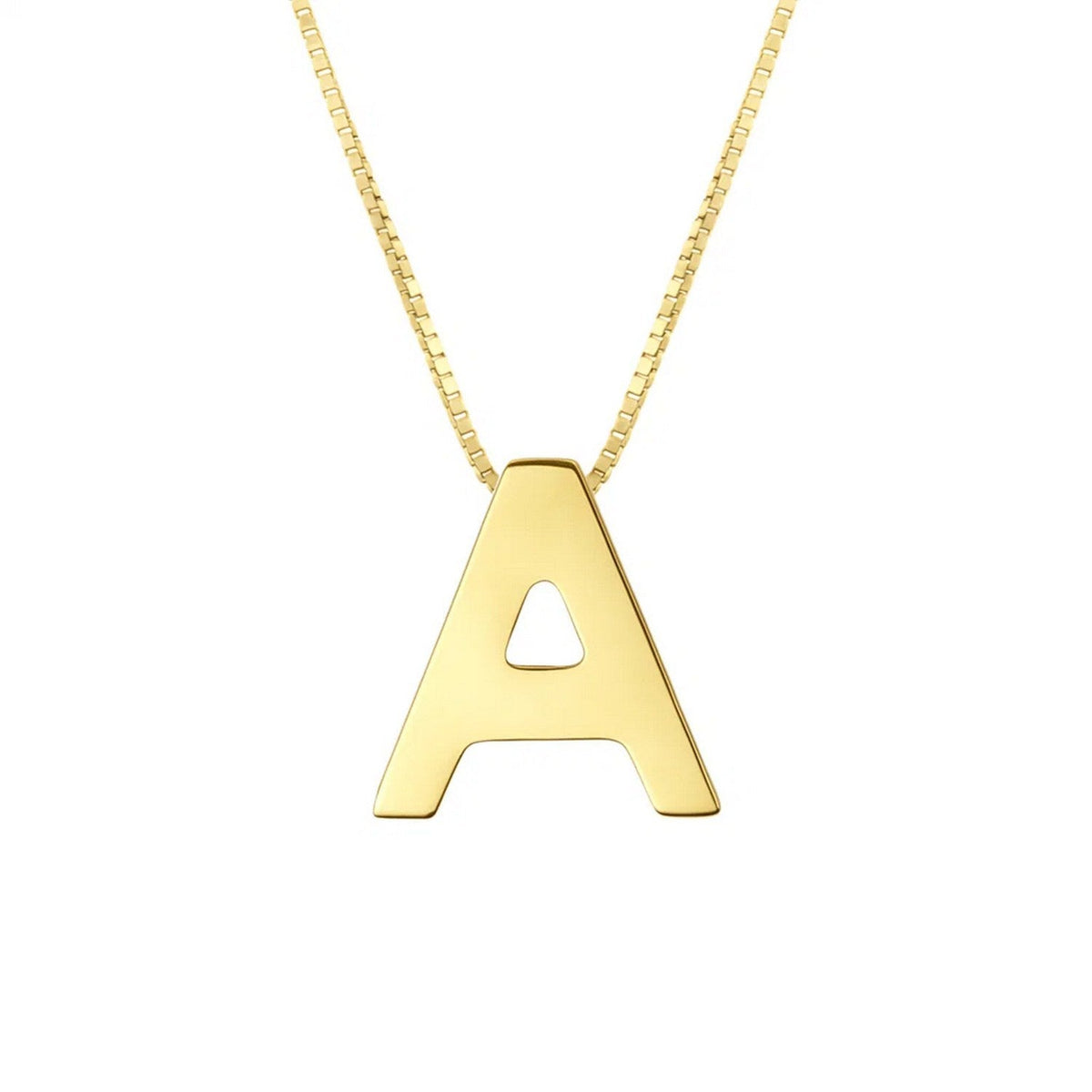 Polished block letter A initial necklace in 14K yellow gold