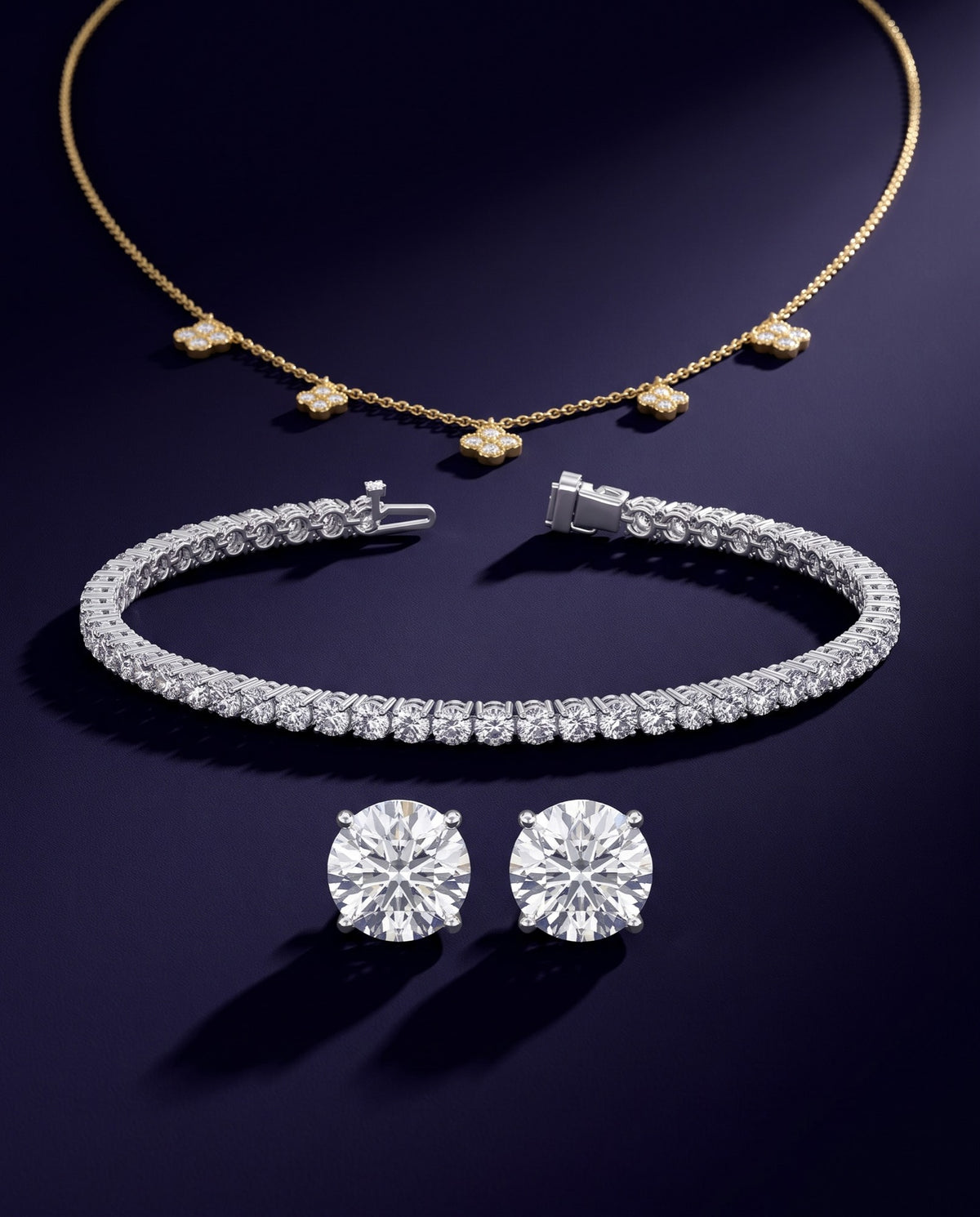 Best sellers: diamond flower necklace, lab grown diamond tennis bracelet and lab grown diamond stud earrings in 14K gold