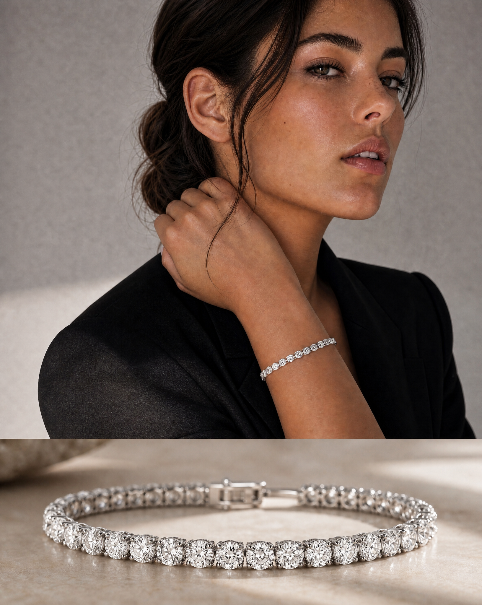 New Arrival lab grown diamond tennis bracelet in 14k white gold on dark background and natural oval diamond ring on dark reflective back ground