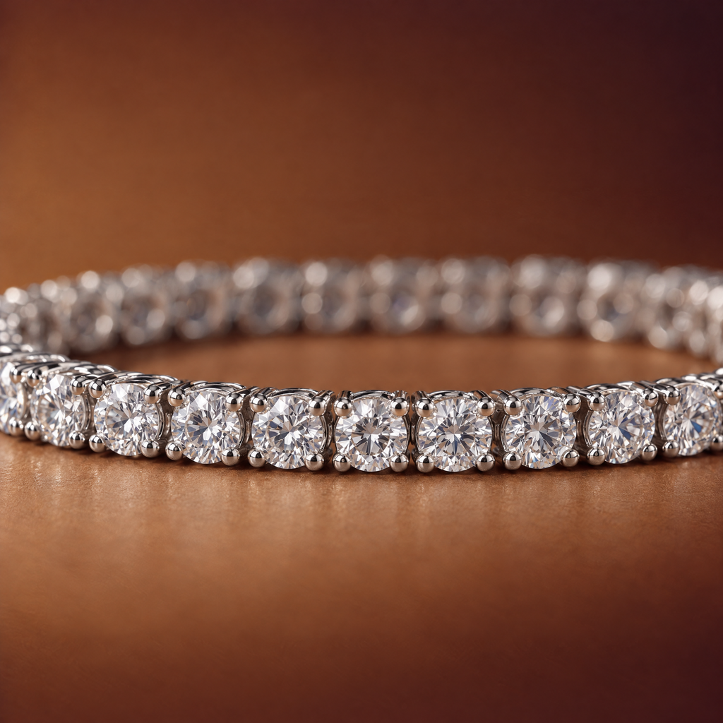 Close-up of round lab-grown diamonds in four-prong 14K white gold settings on a 10 carat tennis bracelet, AI-generated image — DEEVE