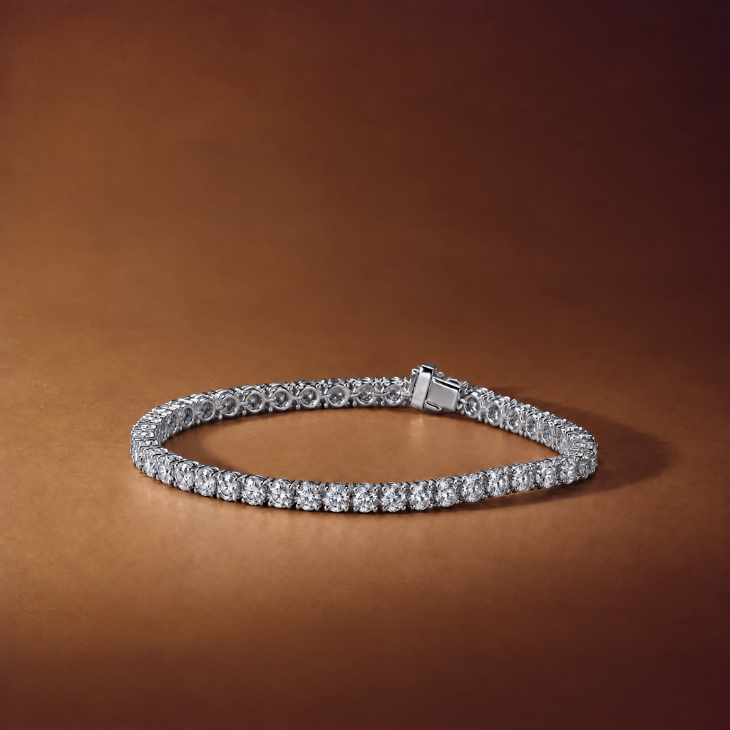 10 carat lab-grown diamond tennis bracelet in 14K white gold lying flat on a brown background, AI-generated image — DEEVE