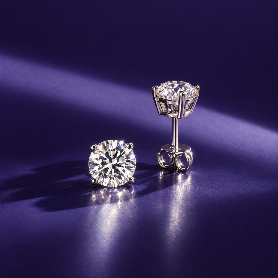 Pair of 2 carat round lab-grown diamond stud earrings in 14K white gold, four-prong settings, indigo background, AI-generated image — DEEVE