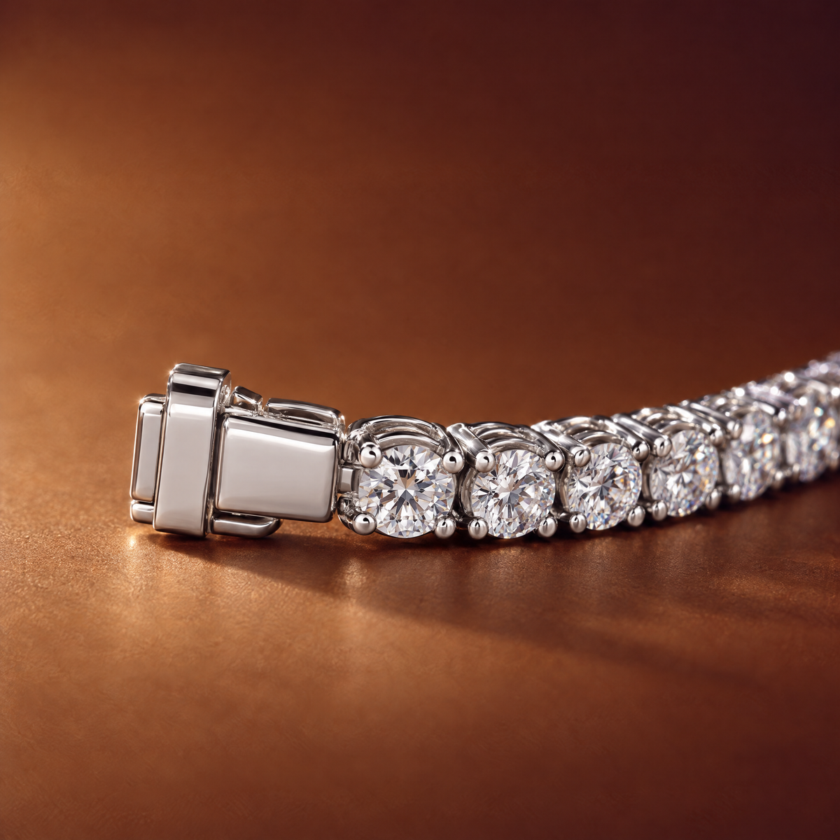 Close-up of the box clasp and round lab-grown diamonds in four-prong 14K white gold settings on a 3 carat tennis bracelet, AI-generated image — DEEVE