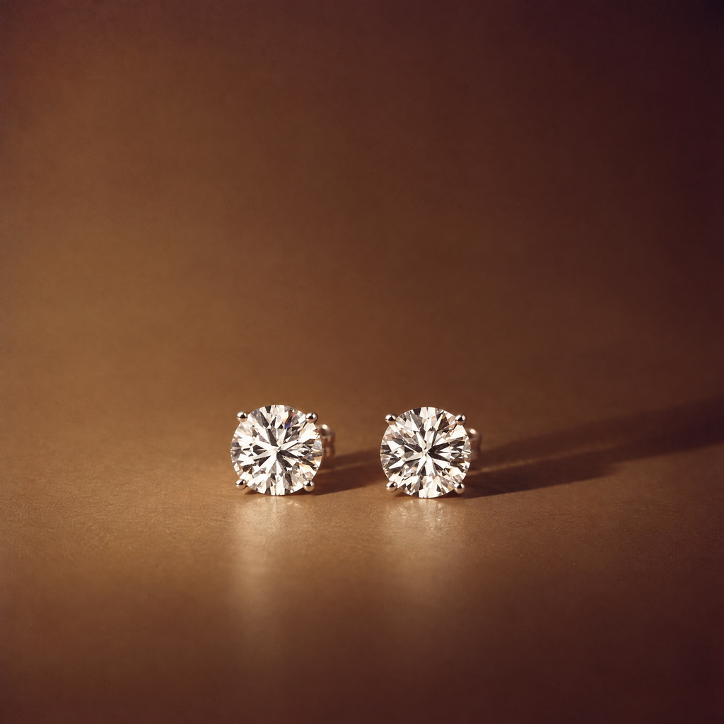 Pair of 4 carat round lab-grown diamond stud earrings in 14K white gold, four-prong settings, brown background, AI-generated image — DEEVE