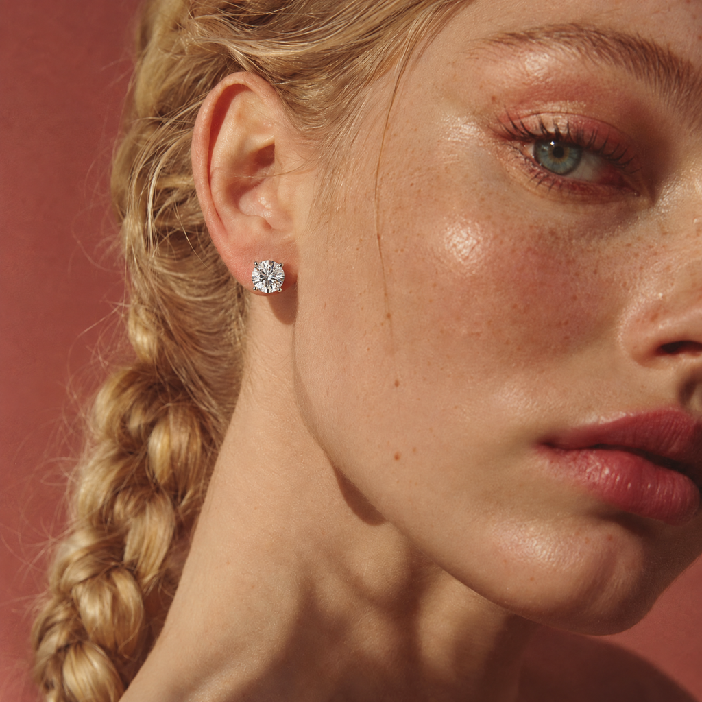 Model wearing 4 carat lab-grown diamond stud earrings in 14K white gold, AI-generated image — DEEVE