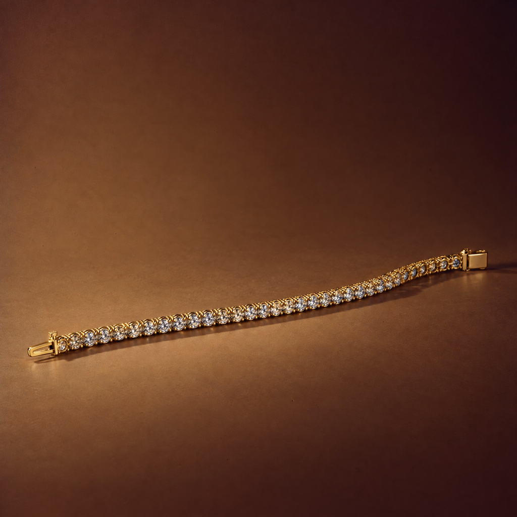 4 carat lab-grown diamond tennis bracelet in 14K yellow gold lying flat on a brown background, AI-generated image — DEEVE