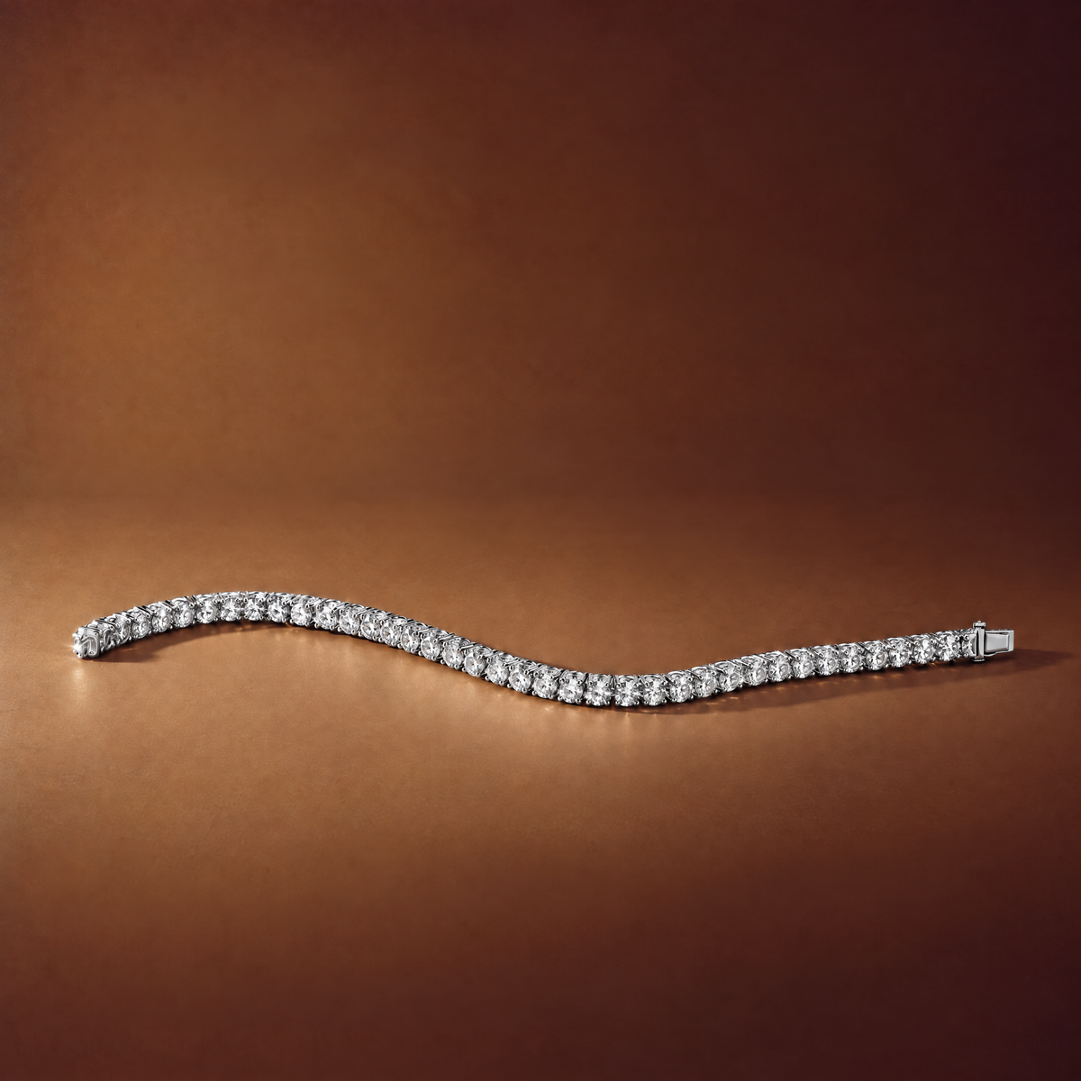 5 carat lab-grown diamond tennis bracelet in 14K white gold lying flat on a brown background, AI-generated image — DEEVE
