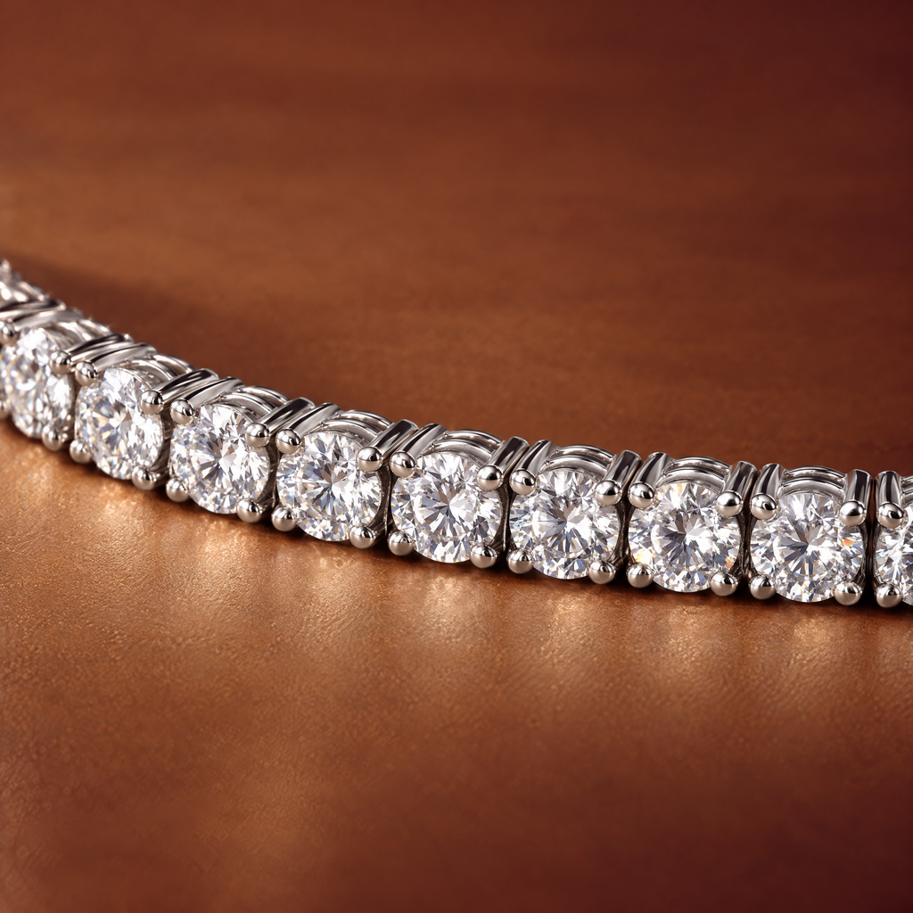 Close-up of round lab-grown diamonds in four-prong 14K white gold settings on a 6 carat tennis bracelet, AI-generated image — DEEVE