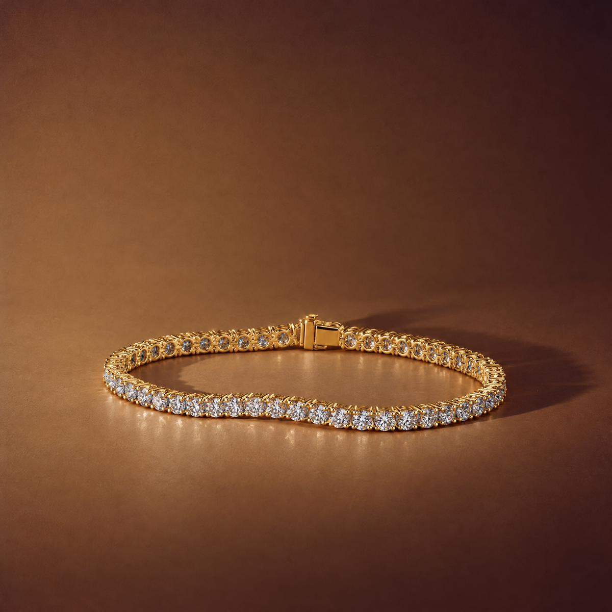 6 carat lab-grown diamond tennis bracelet in 14K yellow gold lying flat on a brown background, AI-generated image — DEEVE