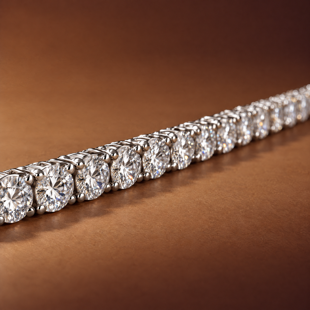 Close-up of round lab-grown diamonds in four-prong 14K white gold settings on a 7 carat tennis bracelet, AI-generated image — DEEVE