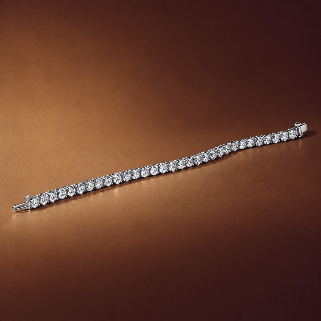 7 carat lab-grown diamond tennis bracelet in 14K white gold lying flat on a brown background, AI-generated image — DEEVE