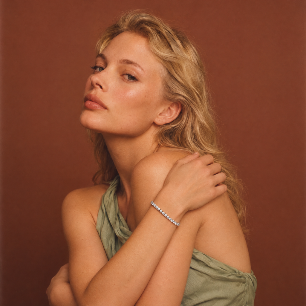 Model wearing a 7 carat lab-grown diamond tennis bracelet in 14K white gold, AI-generated image — DEEVE