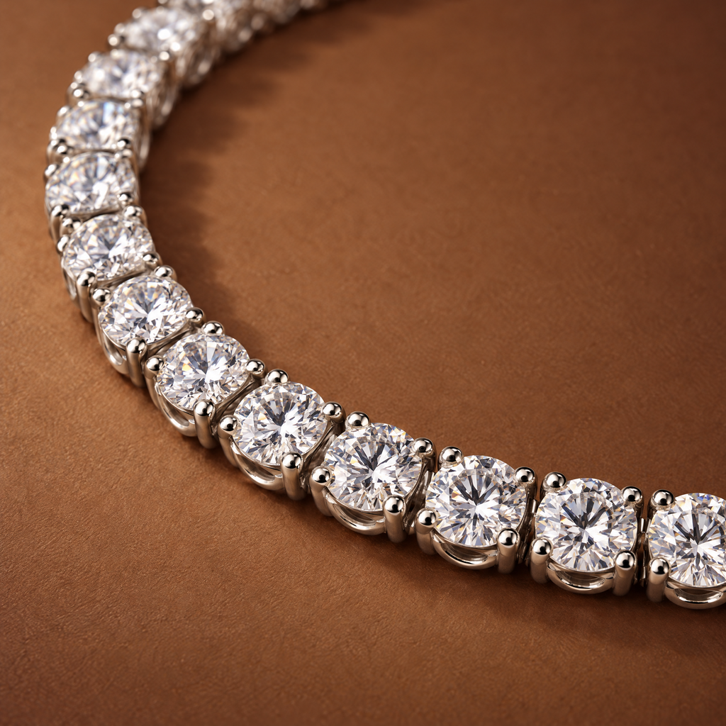 Close-up of round lab-grown diamonds in four-prong 14K white gold settings on an 8 carat tennis bracelet, AI-generated image — DEEVE