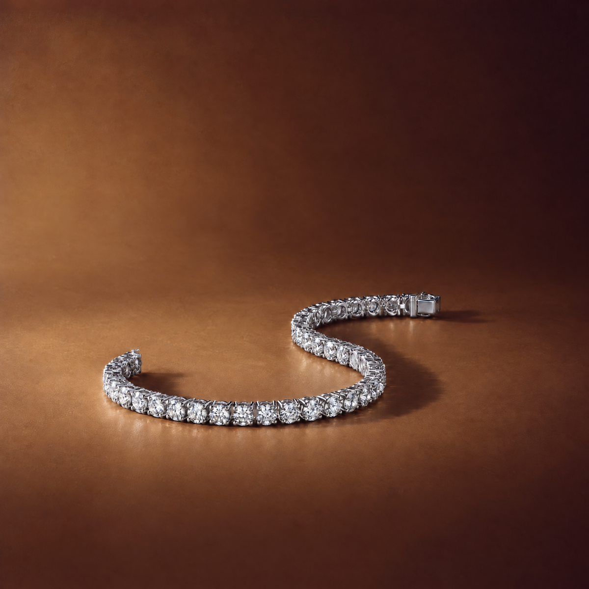 8 carat lab-grown diamond tennis bracelet in 14K white gold lying flat on a brown background, AI-generated image — DEEVE