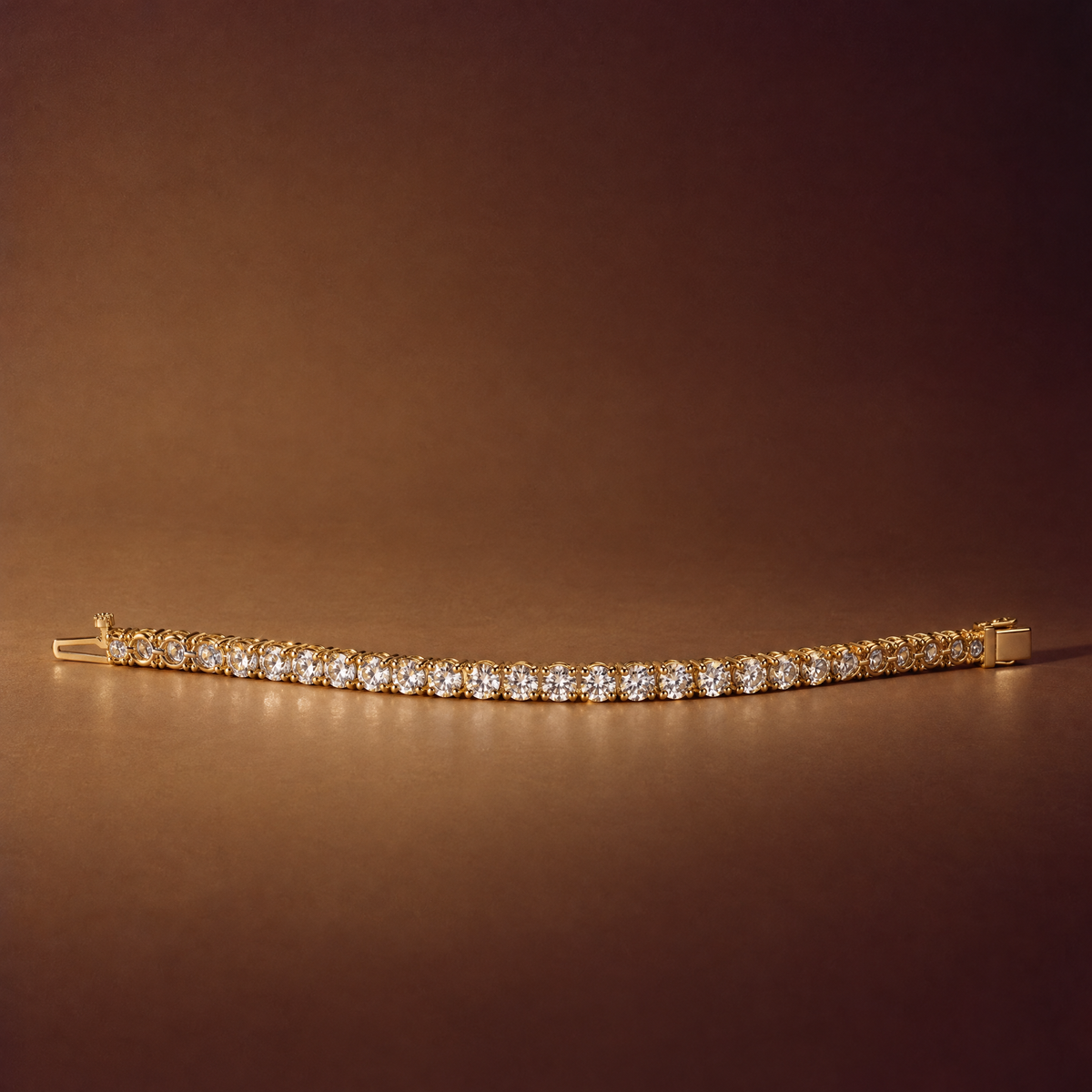 8 carat lab-grown diamond tennis bracelet in 14K yellow gold lying flat on a brown background, AI-generated image — DEEVE