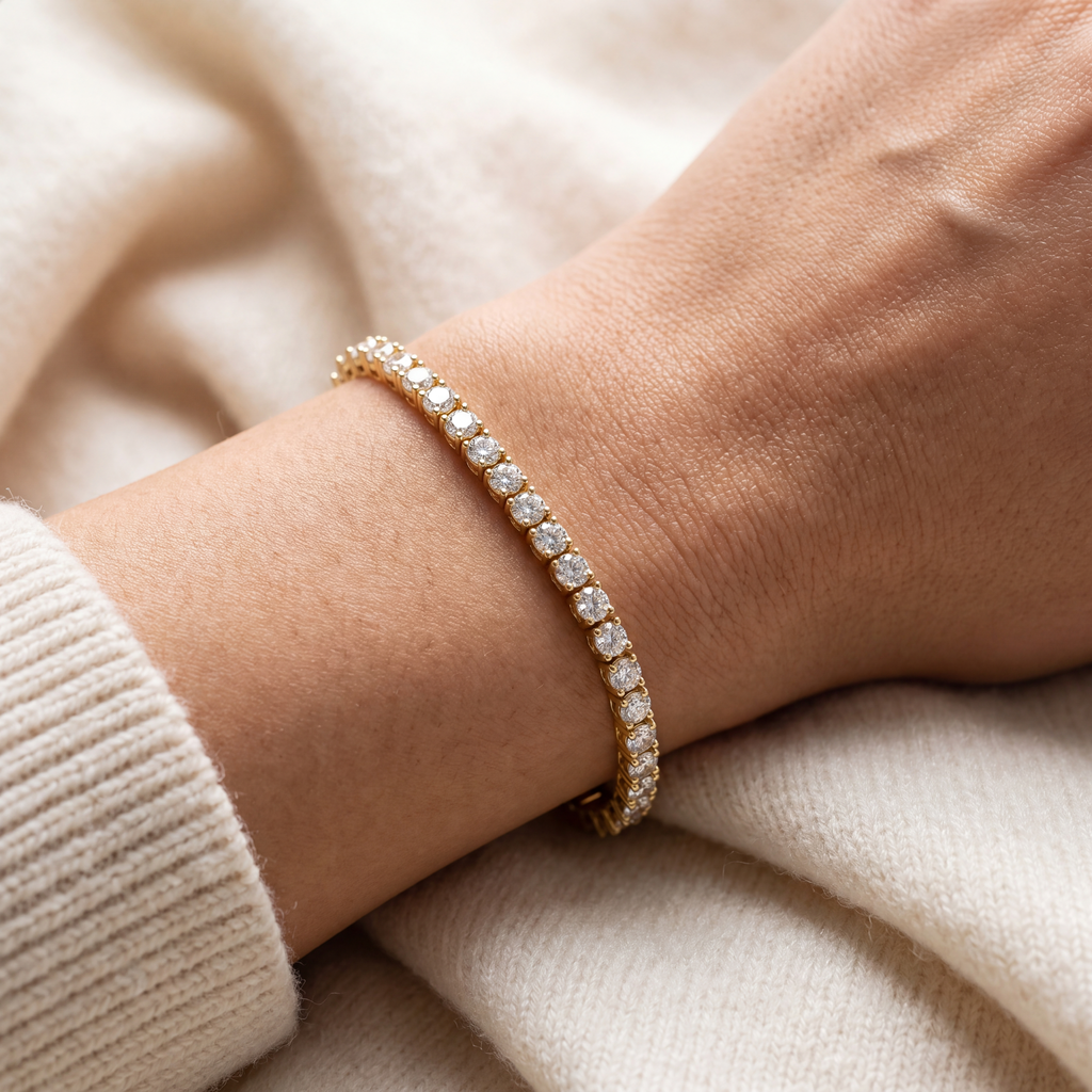 Close-up of an 8 carat lab-grown diamond tennis bracelet in 14K yellow gold worn on the wrist, AI-generated image — DEEVE