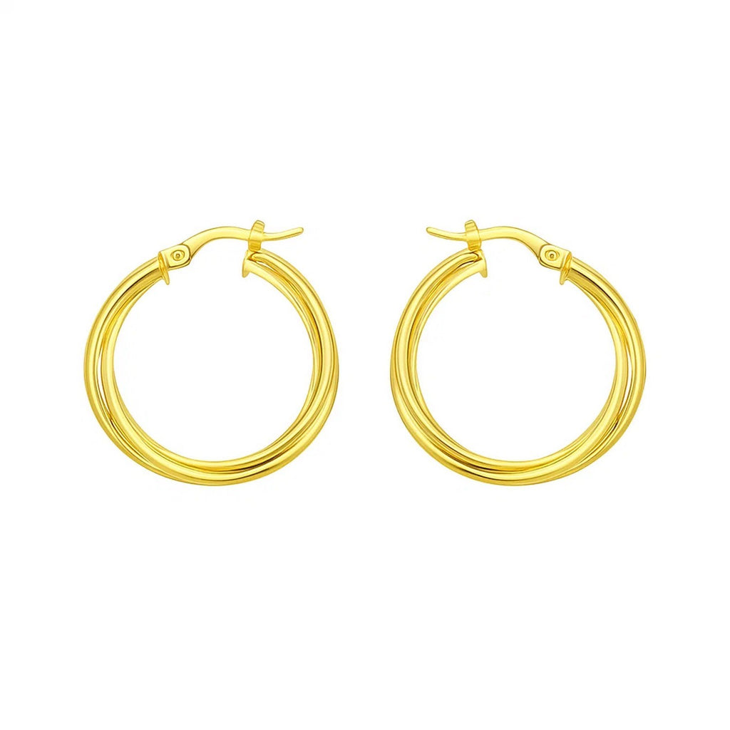Interlocking trinity hoop earrings in 14K yellow gold, front view of the pair