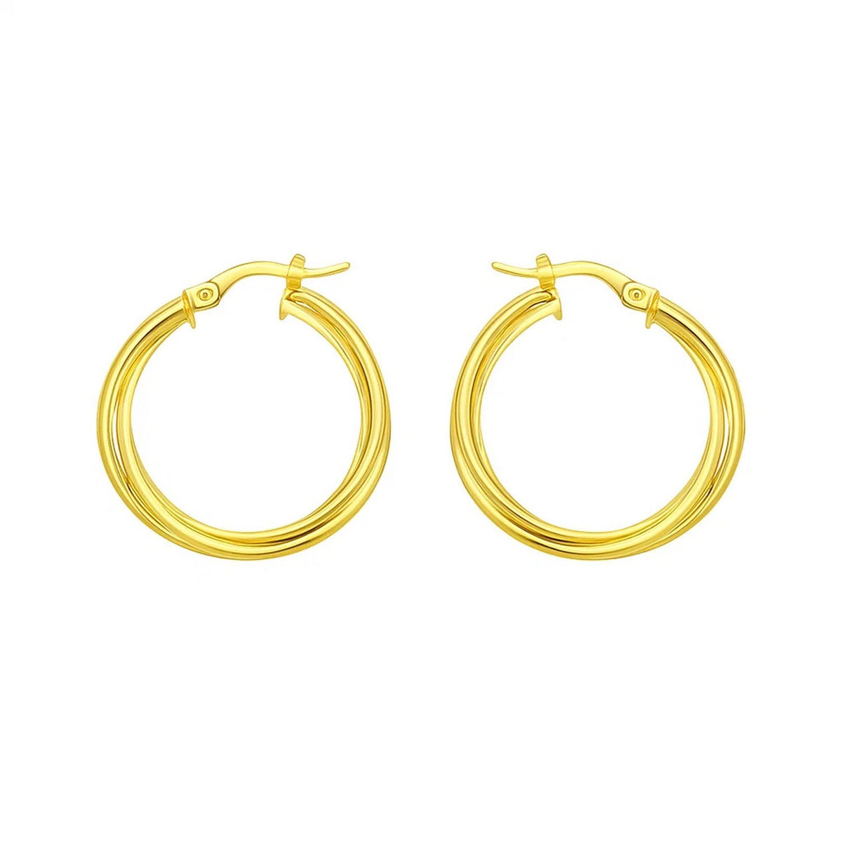 Interlocking trinity hoop earrings in 14K yellow gold, front view of the pair