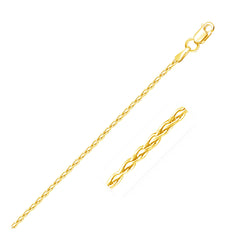 Round wheat chain in 14K yellow gold, 1.5mm, with a close-up of the braided links