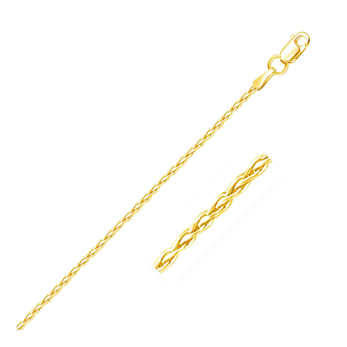 Round wheat chain in 14K yellow gold, 1.5mm, with a close-up of the braided links