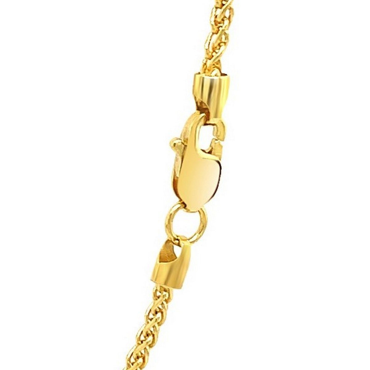 Lobster clasp on the 1.5mm wheat chain in 14K yellow gold
