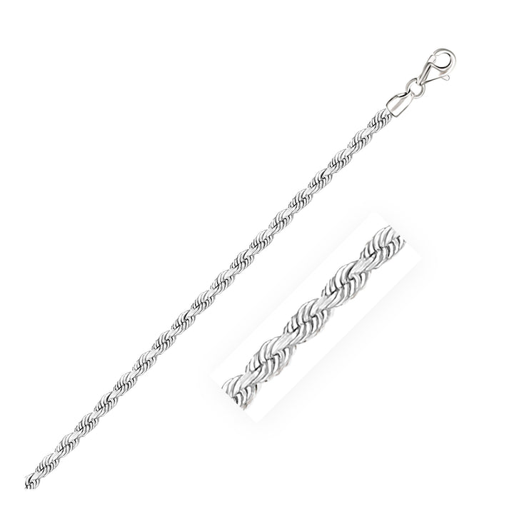 Solid diamond-cut rope chain in 14K white gold, 3.00mm, with a close-up of the twist