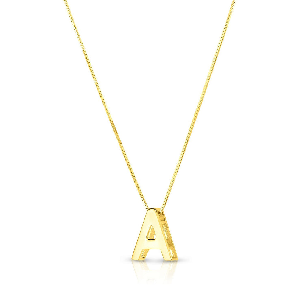 Block letter A in polished 14K yellow gold, angled to show its depth, on a box chain