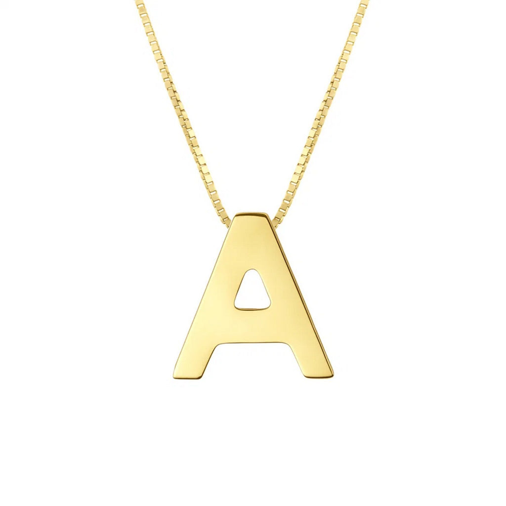Front view of the polished block letter A in 14K yellow gold on a box chain