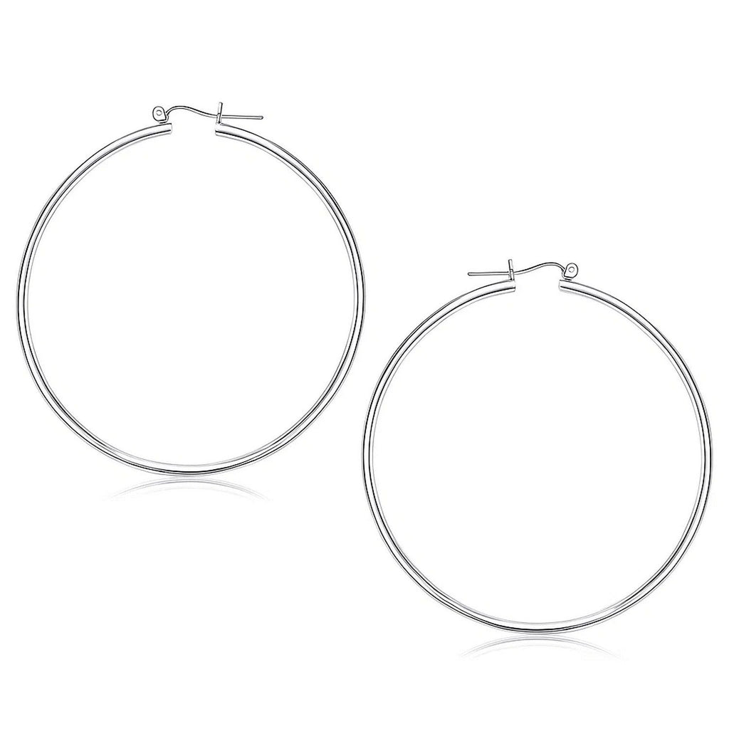 Polished 60mm hoop earrings in 14K white gold, front view of the pair